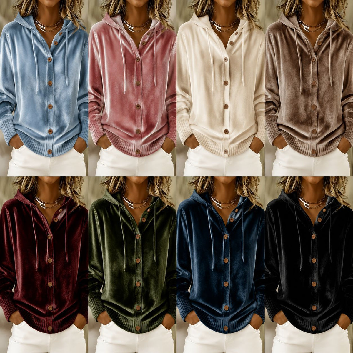 Buttoned Velvet Hooded Cardigan Solid-Color Coat For Women