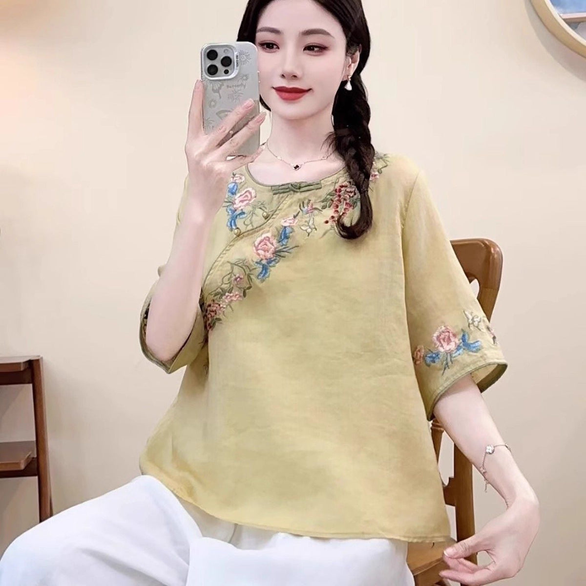 Women's Embroidered Button Cotton-Linen Short-Sleeve ShirtThree-Quarter Sleeve Top