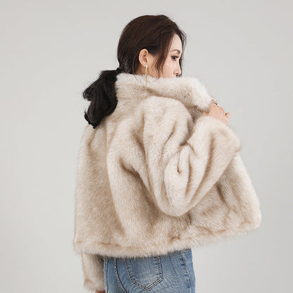 Stand-collar Cardigan Plush Fur Coat For Women