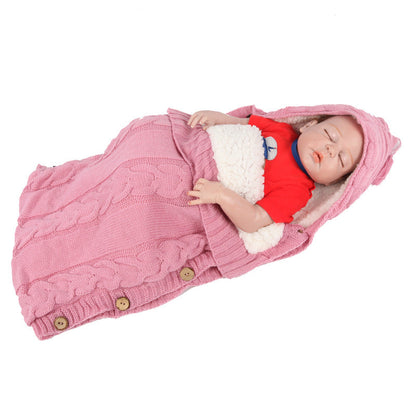Warm Hooded Baby Wool Knitted Button Sleeping Blanket