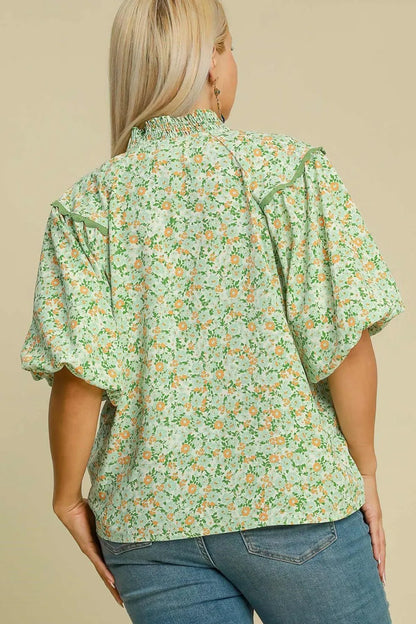 Umgee Full Size Floral Print Puff Sleeve Top Plus Size