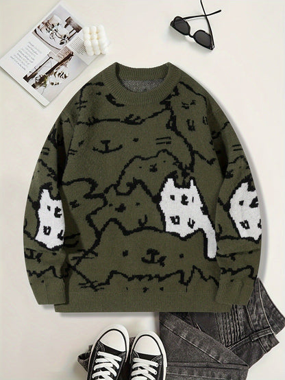 Mens Cute And Quirky Cat-print Knit Sweater