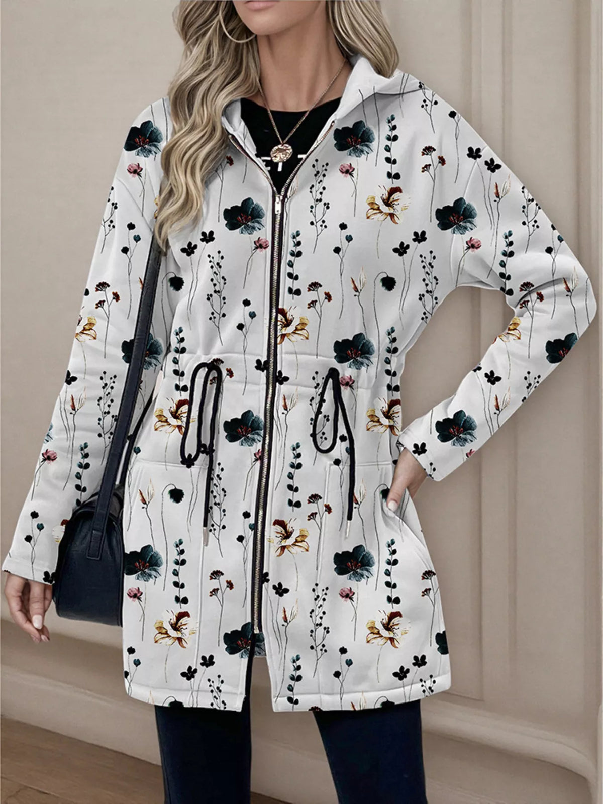 Drawstring Zip Up Hooded Outerwear