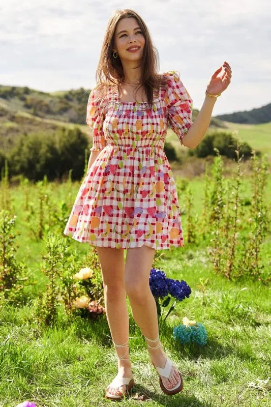 Davi & Dani Fruits Printed Smocking Mini Dress
