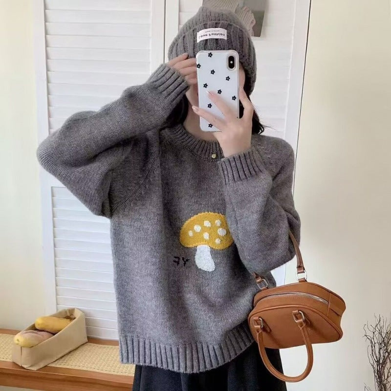 Women's Knitted Mushroom-pattern Crew-neck Pullover Top
