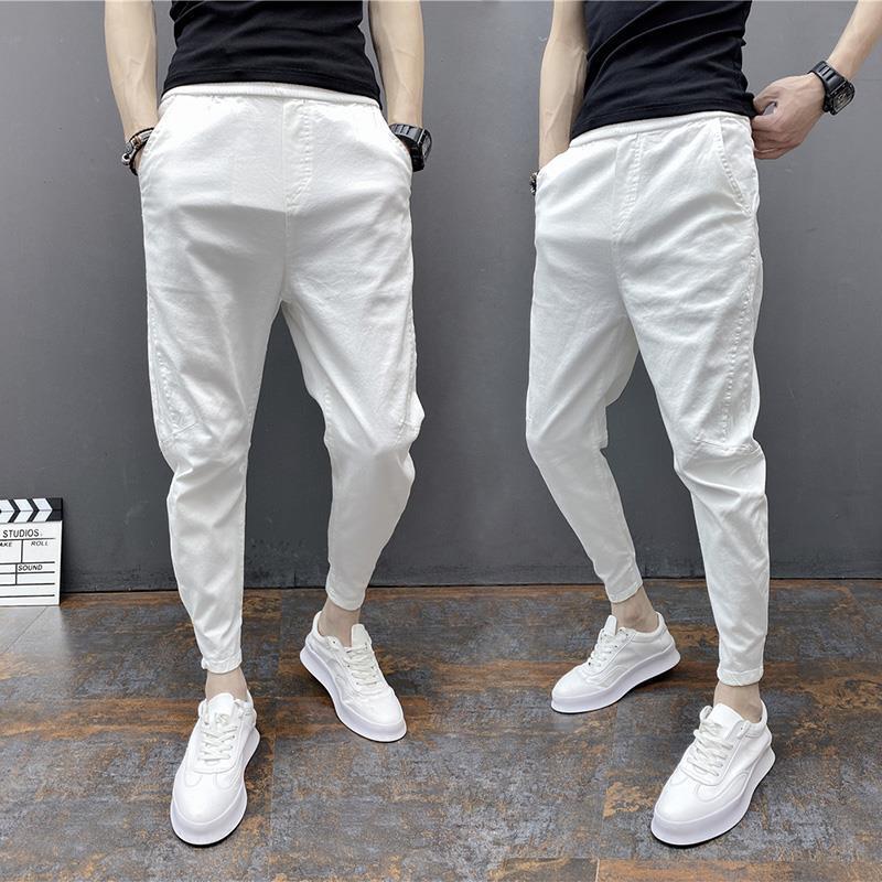 Slim-fitting Ankle Length Trousers Solid Color Elastic Ankle-tied Harem Pants