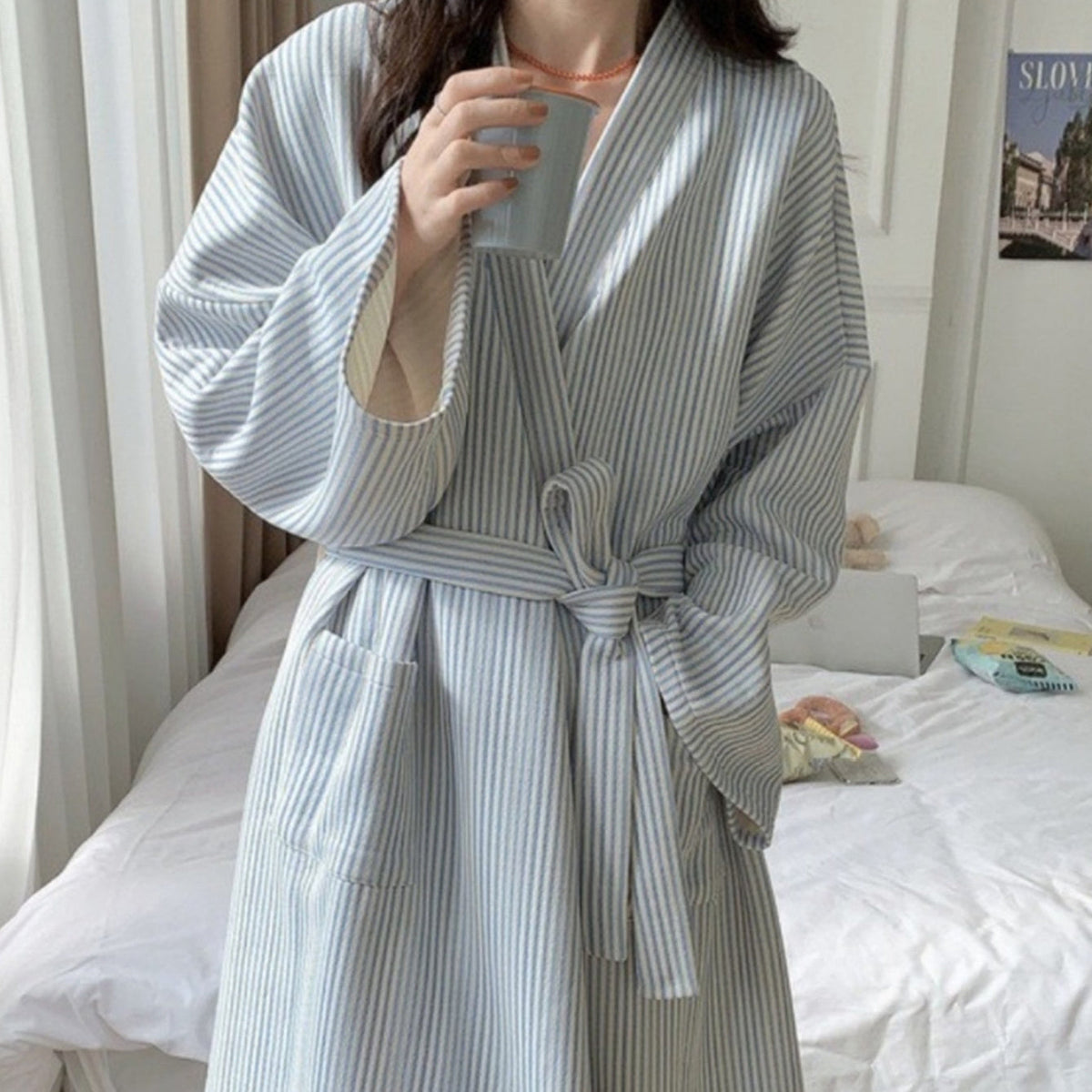 Women's Simple Striped Robe Bathrobe Loungewear