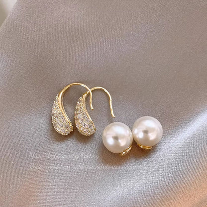 Real Gold Electroplated Micro-Inlaid Exquisite Zircon Small Bean Earrings For Women, Light Luxury Niche High-End Teardrop-Shaped Pearl Earrings
