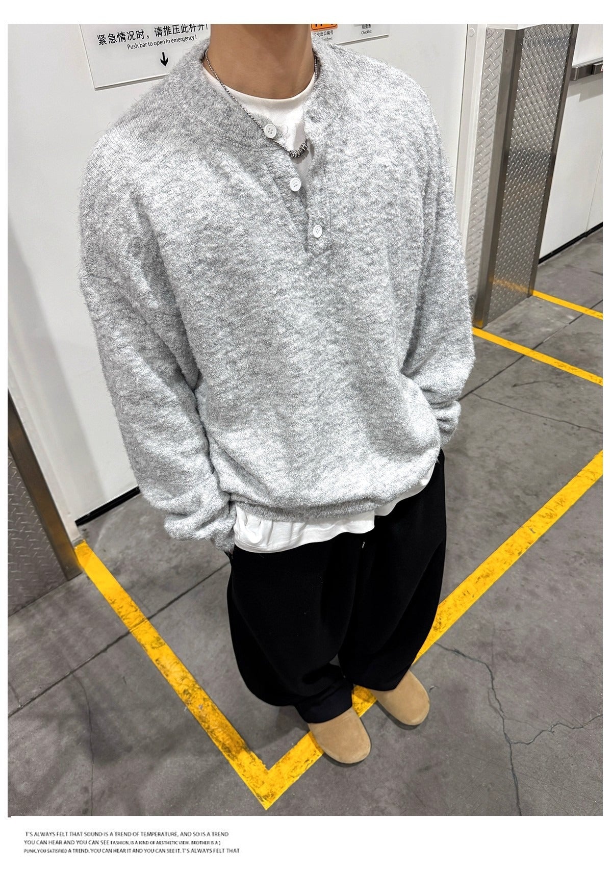 Solid-color Henley-neck Casual Knit Sweater