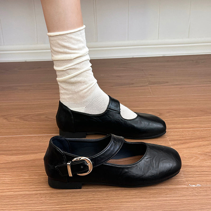 Women Square Toe Crinkle Vintage Leather Flats, Single Adjustable Buckle Strap Soft Casual Daily Walking Loafers