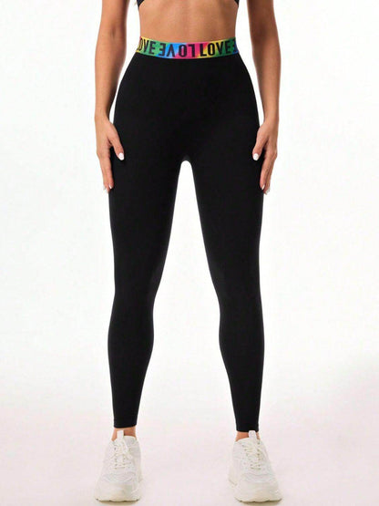 Letter Printed High Waist Active Leggings for Women