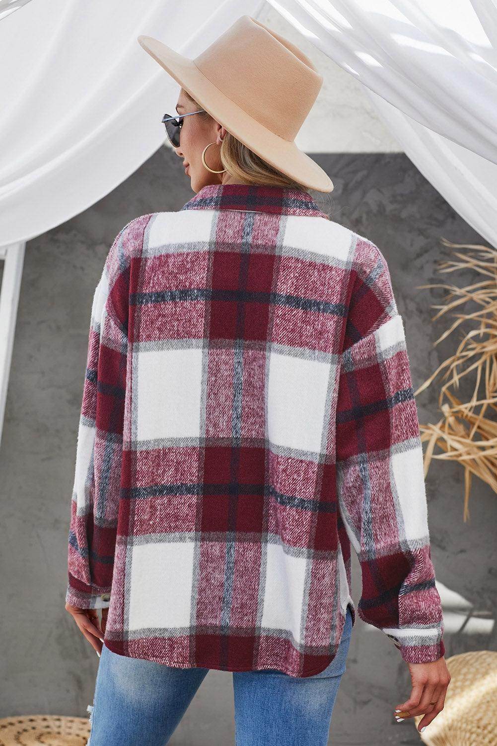 Plaid Button Up Dropped Shoulder Jacket for Women Stylish