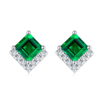 S925 Silver Platinum Plated Lab-Created Emerald Earrings, 0.3&2.5ct Princess Cut Studs, Pair