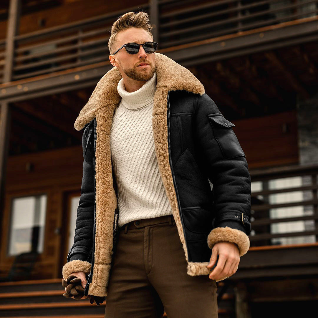 Men's Faux Fur-lined Thick Imitation Leather Jacket