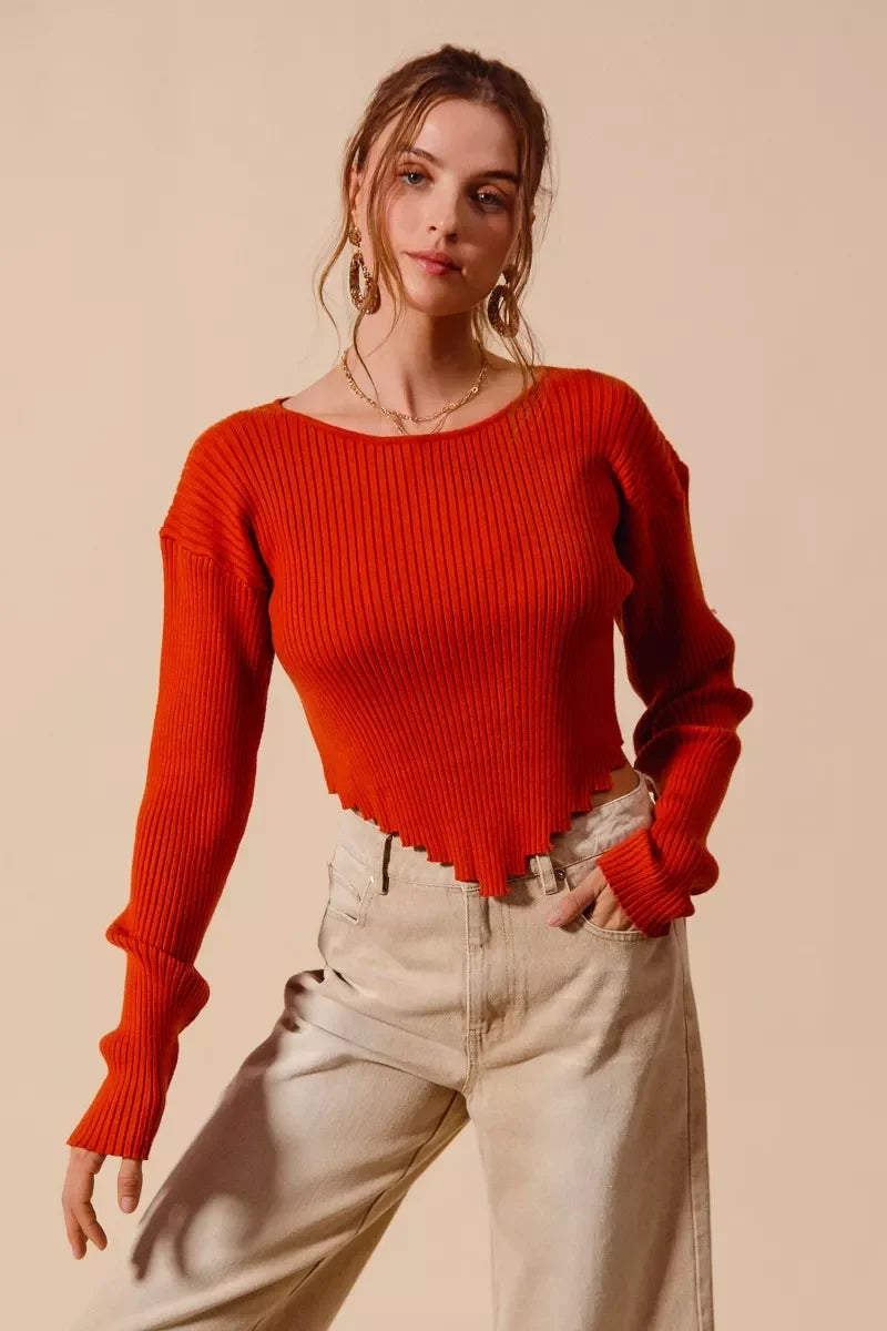 SO ME Rib Knitted Crop Sweater Top With Shaped Hem