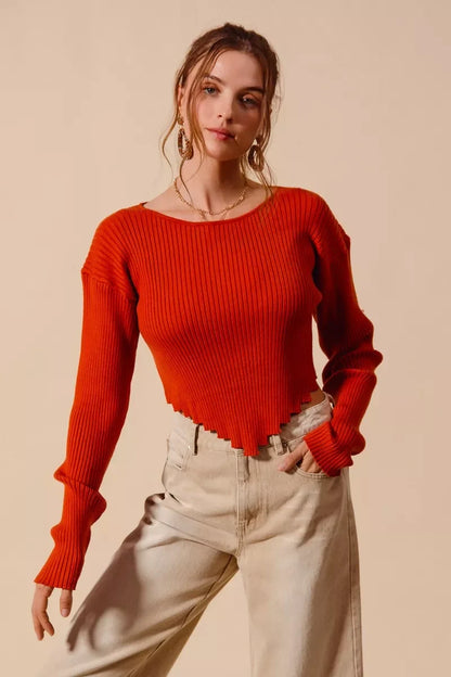 SO ME Rib Knitted Crop Sweater Top With Shaped Hem