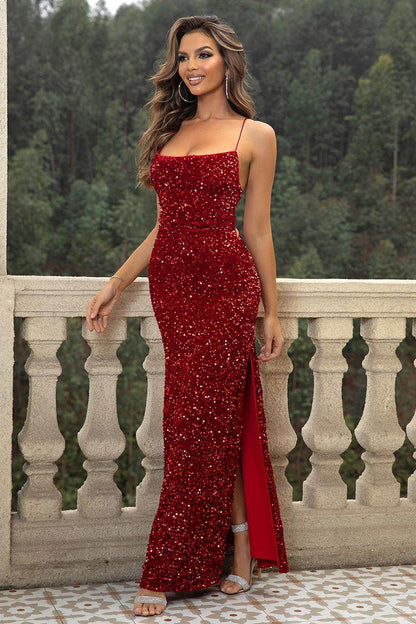 Sequin Backless Split Maxi Dress for Elegant Evening Wear