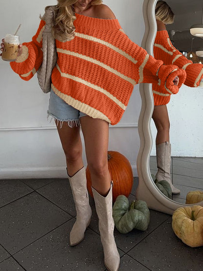 Off-shoulder Collar Color-block Striped Loose Casual Top For Halloween