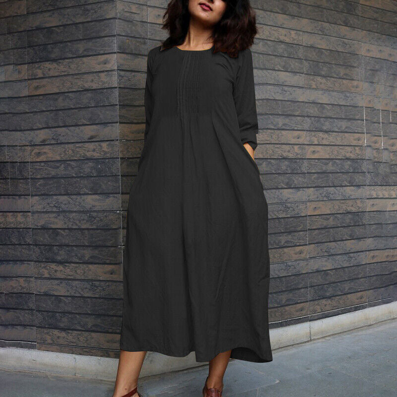 Long-sleeved Western-style Age-reducing Fashionable Round-neck Casual Dress With Pockets