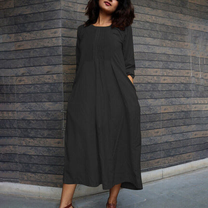 Long-sleeved Western-style Age-reducing Fashionable Round-neck Casual Dress With Pockets