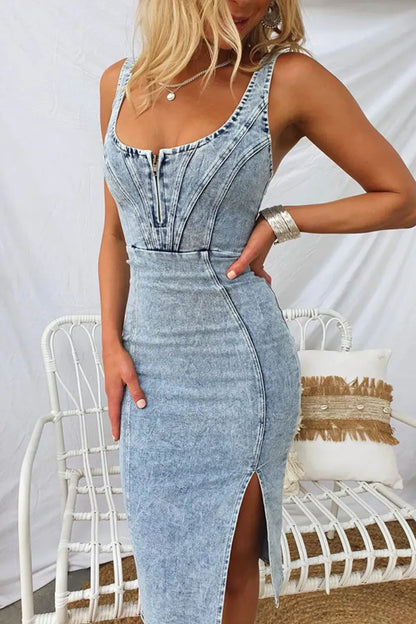 Side Slit Washed Scoop Neck Denim Dress