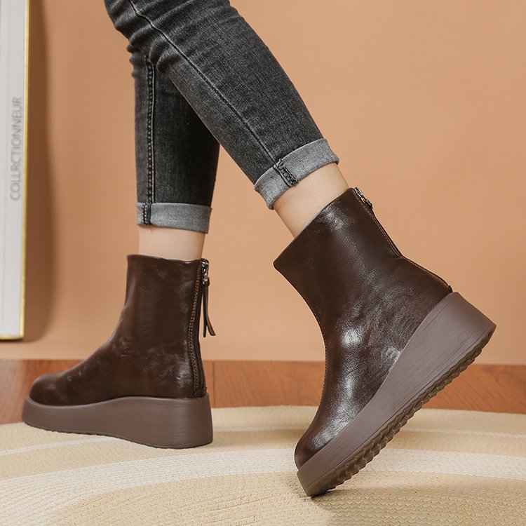 Retro Fashion And Comfortable Short Boots, New Round Toe Thick Sole Height Increasing Single Boot