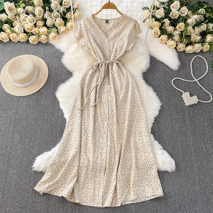 Womens Solid-Color Polka-Dot V-Neck Short-Sleeve Dress