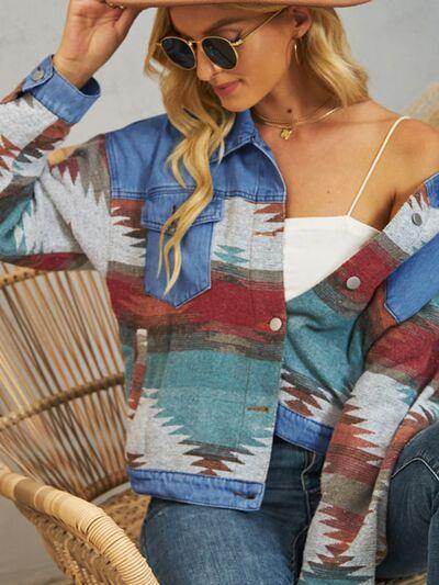 Geometric Button Up Dropped Shoulder Denim Jacket for Women