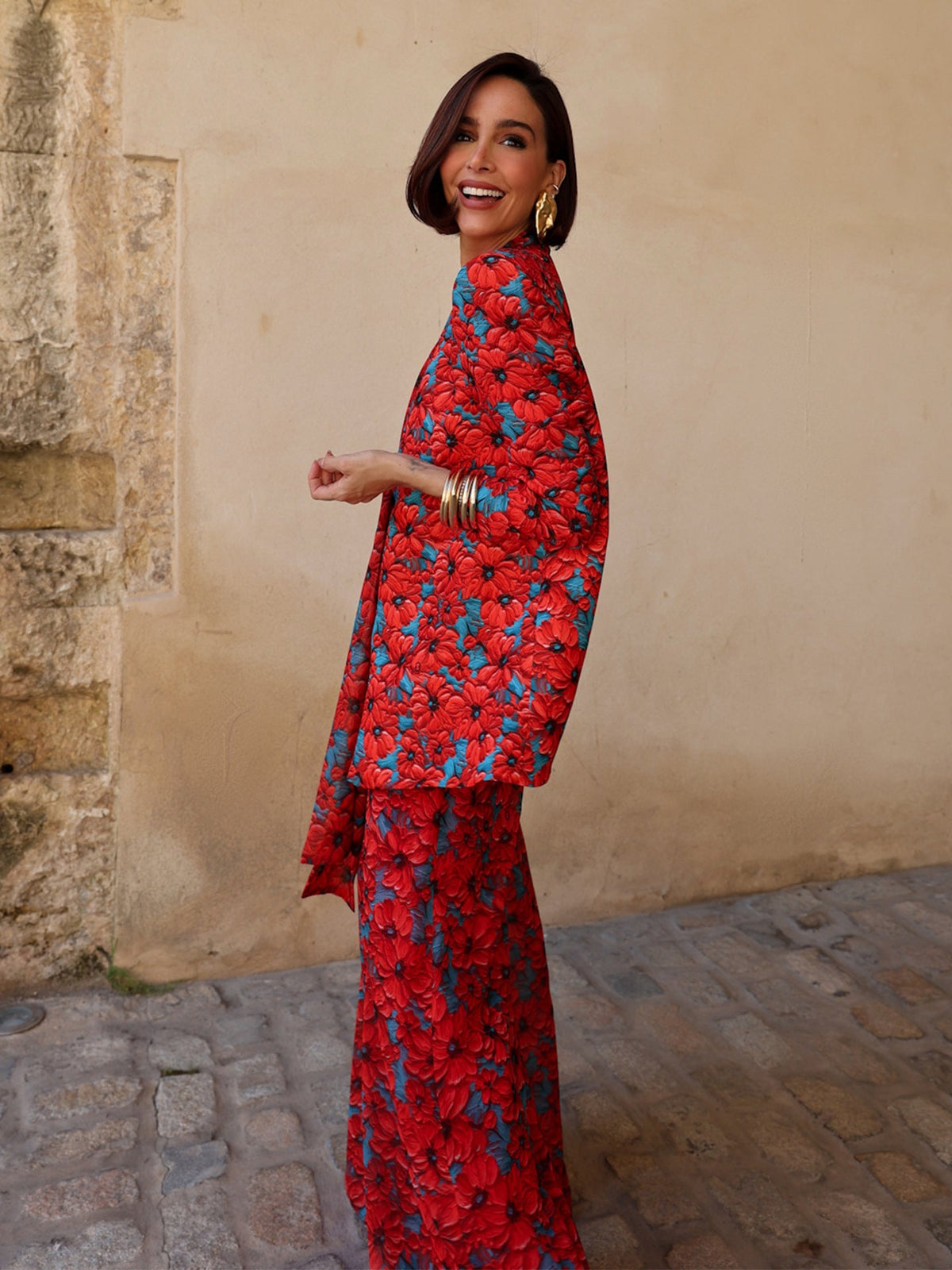 Women's Jacquard V-neck Padded-shoulder Polyester Suit With Trousers