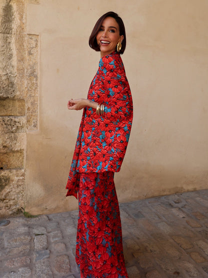Women's Jacquard V-neck Padded-shoulder Polyester Suit With Trousers