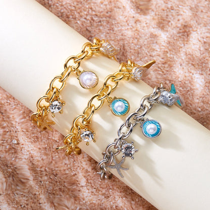Women's Fashion Starfish Pearl Shell Fishtail Multi-pendant Necklace Bracelet