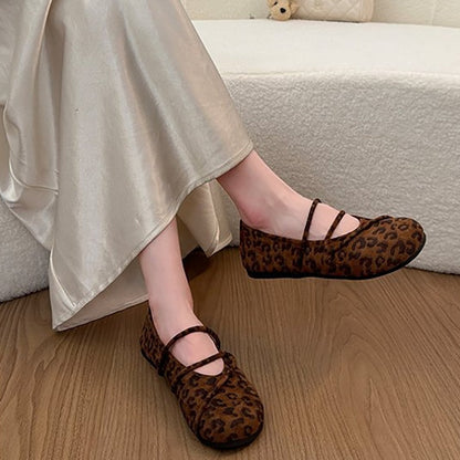 Women Leopard Print Criss Cross Strap Mary Jane Shoes Retro Flat French Ballet Flats