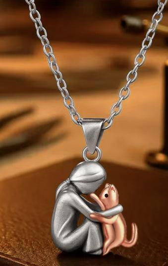 BoyGirl And Pet Cat Hugging Copper-Plated Necklace