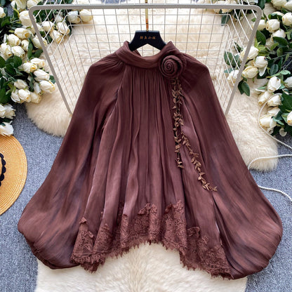 Women's Solid-Color French-Style 3D Floral Mesh Blouse