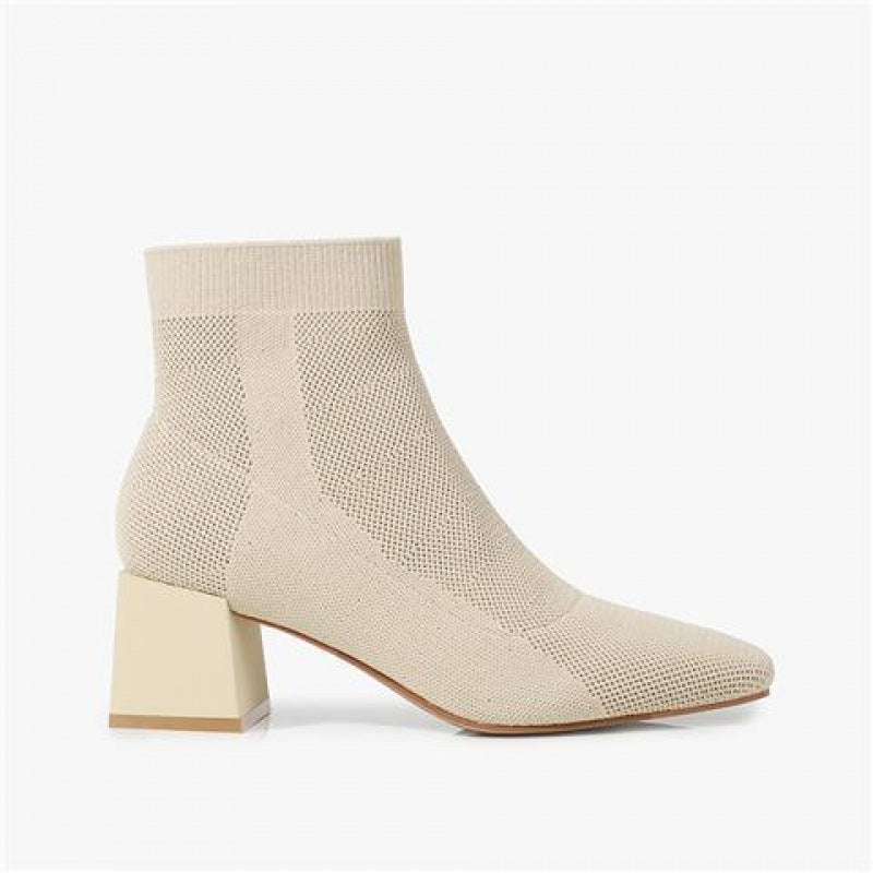 All-match Stretch Knitted High Heel Solid Color Chunky Heel Square Toe Booties Women