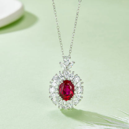 S925 Silver 4.6g Platinum Plated 2ct Lab-Created Ruby Necklace, 9x7mm Vintage Halo, 40&5cm