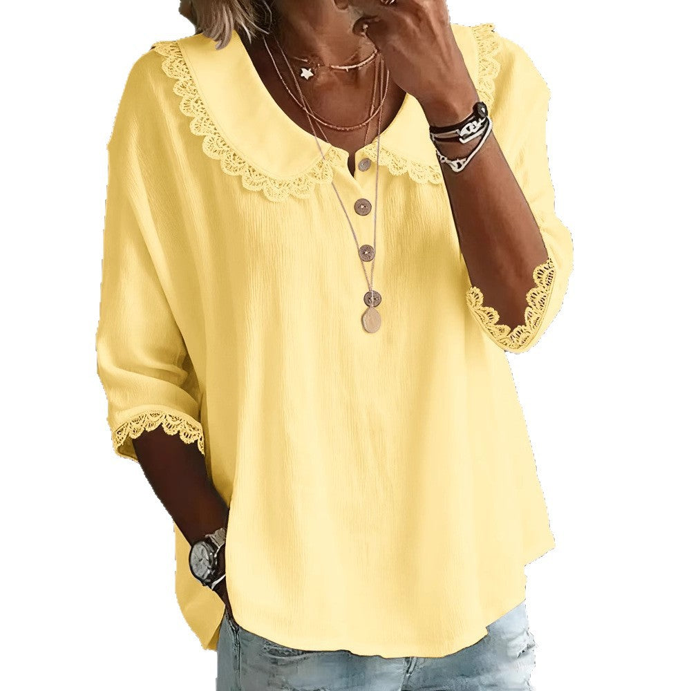 Fashionable Collar With Lace Trim Blouse Tops For Women Spring Summer Solid-Color Button-Up Shirt