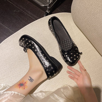 New Summer Rivet Bow Mary Jane Shoes Slip On Inner Heightening Ballet Flats For Women