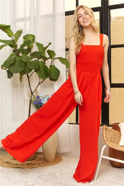 ADORA Full Size Smocking Top Wide Leg Jumpsuit Plus Size