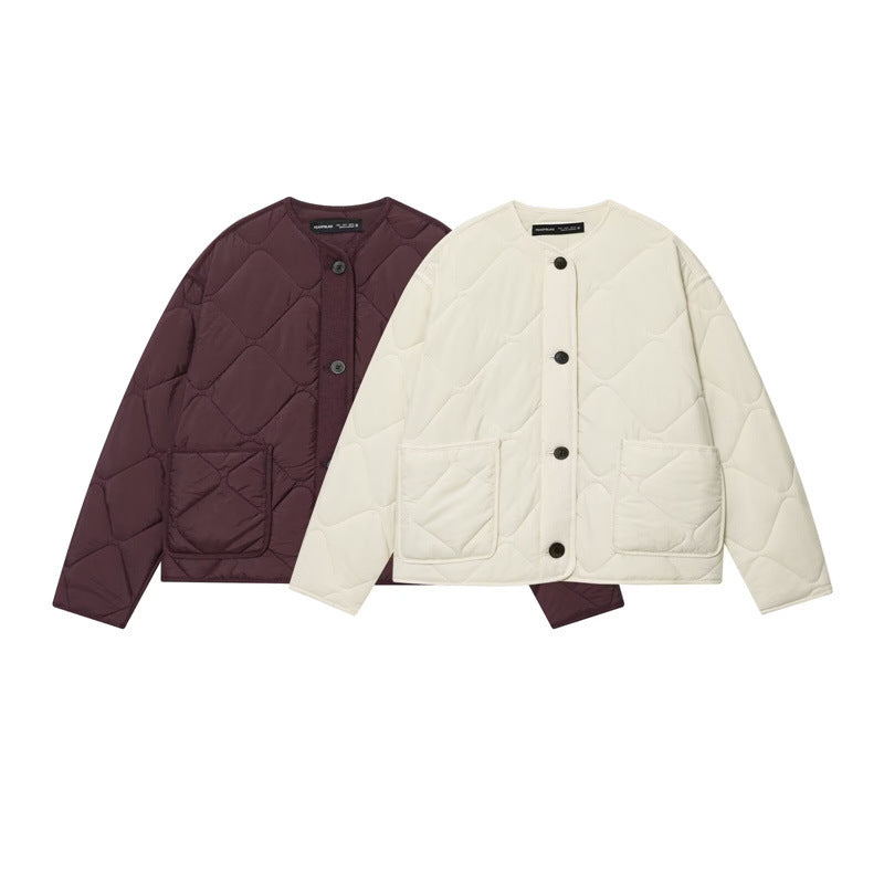 Womens Simple Cotton Padded Jacket With Crew Neck And Chest Pocket