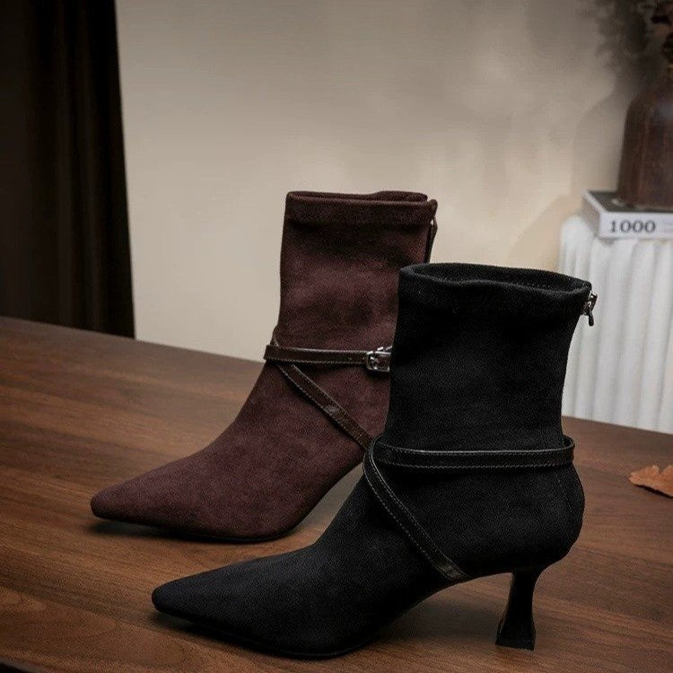 High Heel Back Zipper Slim Fit Boots For Women 2026 New Matte Leather Buckle Pointed Toe Elegant Ankle Boots Vintage Stiletto Ankle Boots