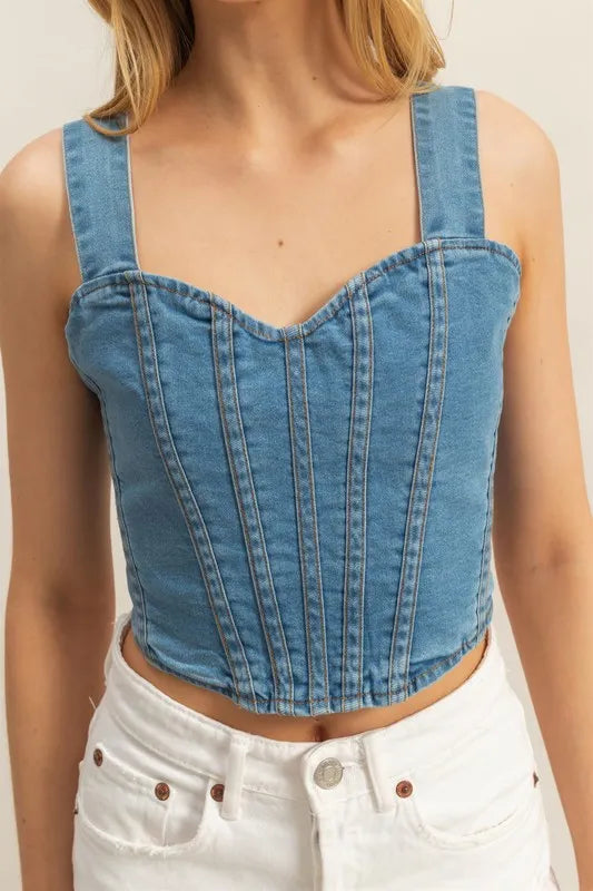 HYFVE Washed Sweetheart Neck Wide Strap Denim Tank