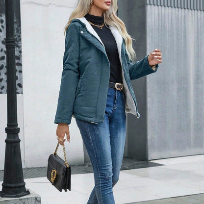 Womens Fleece-lined Hooded Loose-fit Cotton Coat Plus Size