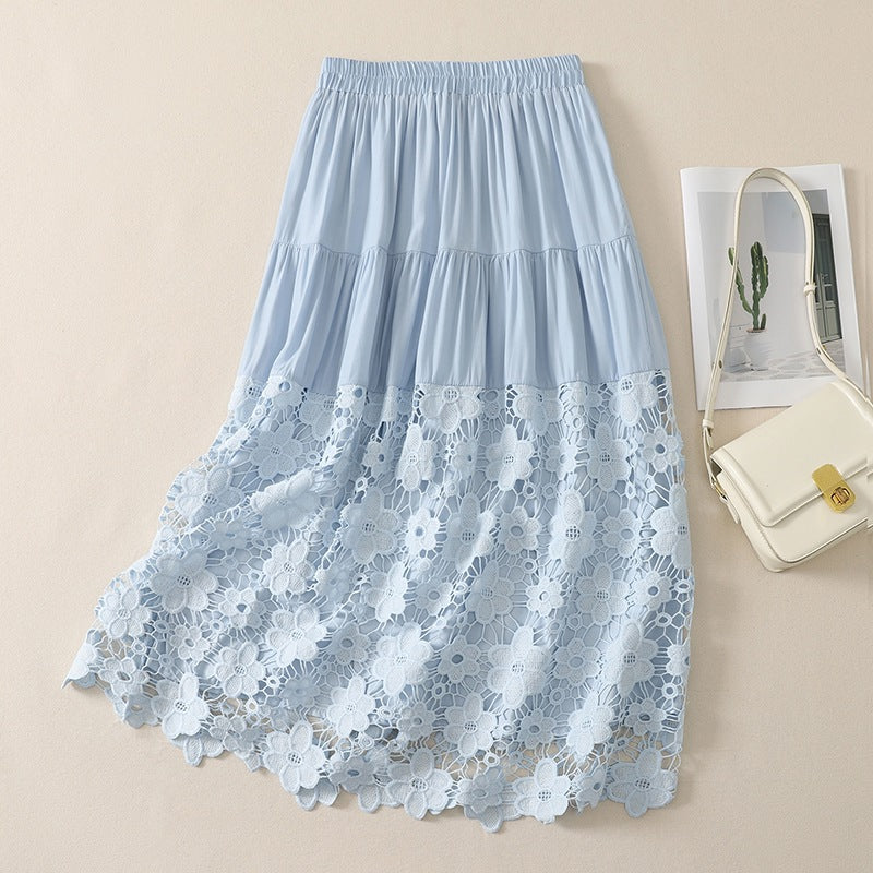 Hollow Out Lace Panel High-waisted A Line Skirt That Flatters The Figure And Offers A Slimming