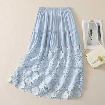Hollow Out Lace Panel High-waisted A Line Skirt That Flatters The Figure And Offers A Slimming