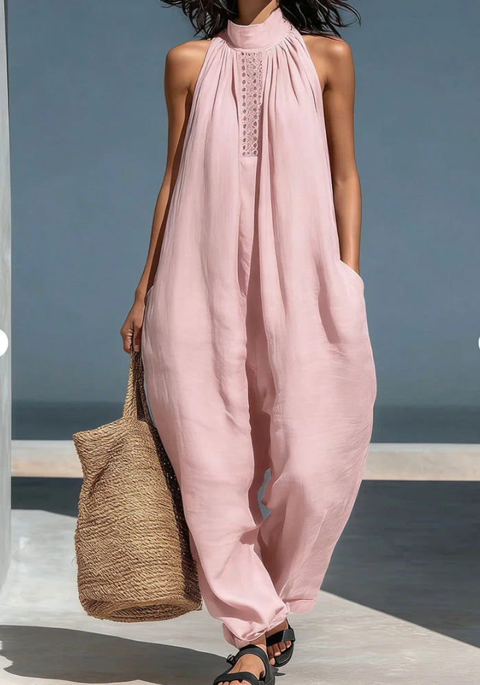 Women's Solid Color Stand-up Collar Sleeveless Casual Loose Jumpsuit