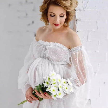 Dot Mesh Off-shoulder Puff Sleeve Pregnant Women Mopping Dress