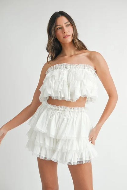 MABLE Ruffle Layered Crop Top and Mini Skirt Set