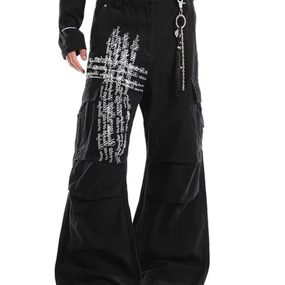 Mens Cross-Design Rhinestone-Embellished Double-Waist Button Denim Jeans
