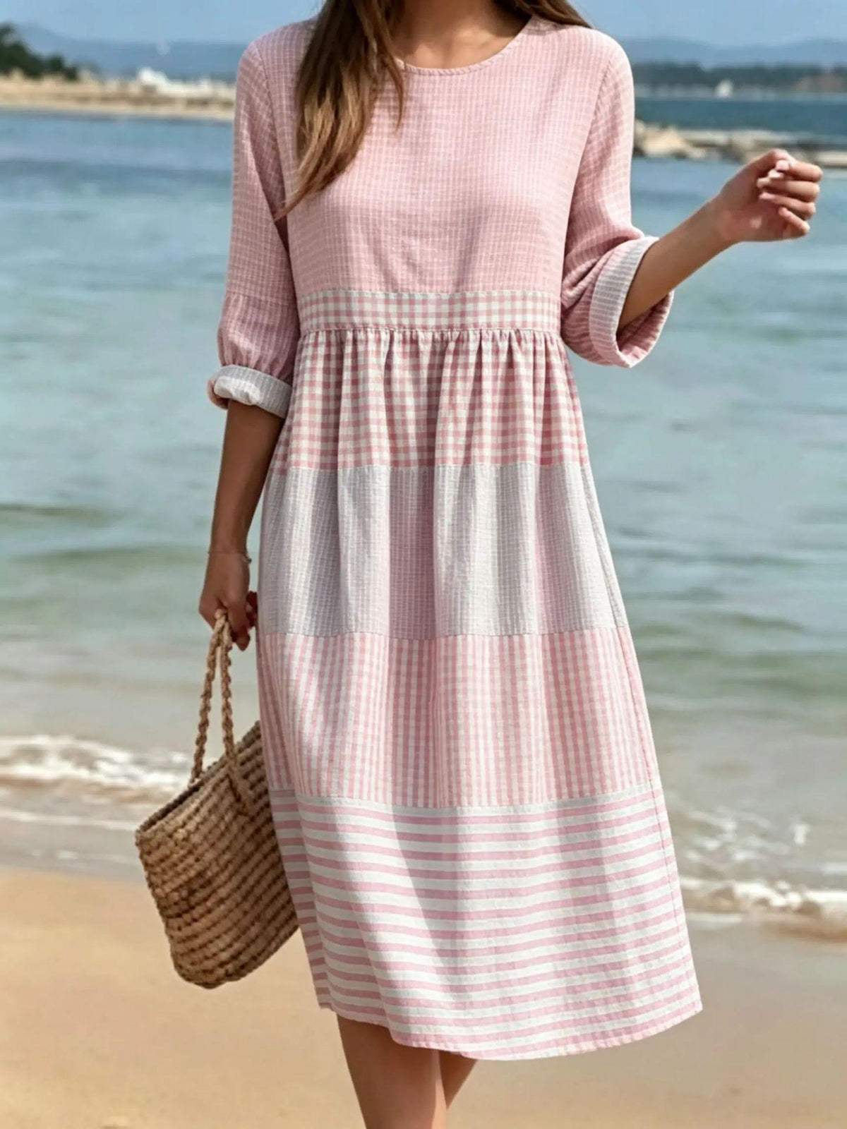 Womens Casual Patchwork Cotton-Linen Dress